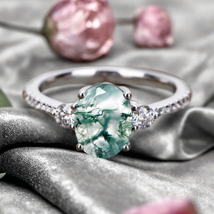 Bague de fiançailles vintage ovale en pierre de lune, bague de promesse unique en opale et moissanite