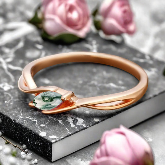 Marquise cut Moss Agate wedding band Unique 14k Rose gold wedding band Anniversary ring