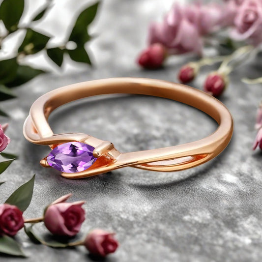 Marquise cut Amethyst wedding band Unique 14k Rose gold wedding band Anniversary ring