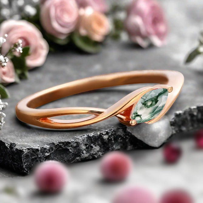 Marquise cut Moss Agate wedding band Unique 14k Rose gold wedding band Anniversary ring