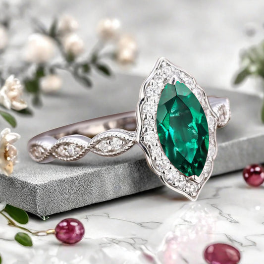 Marquise Emerald Engagement Ring Art Deco Emerald Wedding Ring Gemstone Bridal Ring 14k Gold Ring Unique Promise Anniversary Gift