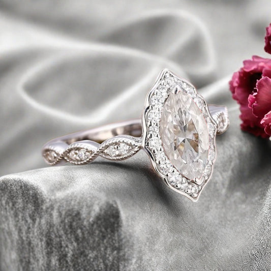 Marquise Moissanite Engagement Ring Art Deco Moissanite Wedding Ring Gemstone Bridal Ring 14k Gold Ring Unique Promise Anniversary Gift