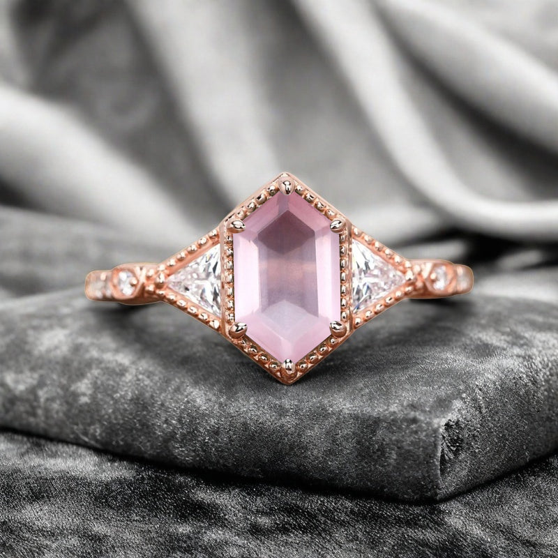 Hexagon Cut Natural Pink Sapphire Ring Art Deco Pink Sapphire Rose Gold Covered Ring Handmade Rose Gold Bridal Promise Ring