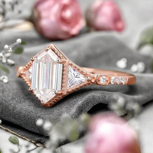 Hexagon Cut Natural Moissanite Ring Art Deco Moissanite Rose Gold Covered Ring Handmade Rose Gold Bridal Promise Ring