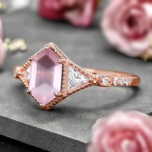 Hexagon Cut Natural Pink Sapphire Ring Art Deco Pink Sapphire Rose Gold Covered Ring Handmade Rose Gold Bridal Promise Ring
