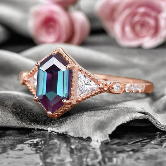 Hexagon Cut Natural Alexandrite Ring Art Deco Alexandrite Rose Gold Covered Ring Handmade Rose Gold Bridal Promise Ring