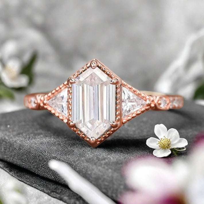 Hexagon Cut Natural Moissanite Ring Art Deco Moissanite Rose Gold Covered Ring Handmade Rose Gold Bridal Promise Ring