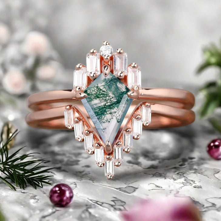 Kite Cut Moss Agate Rose Gold Engagement Ring Set, Vintage Moss Agate Wedding Bridal Set, 14k Rose Gold Promise Anniversary Ring for Women