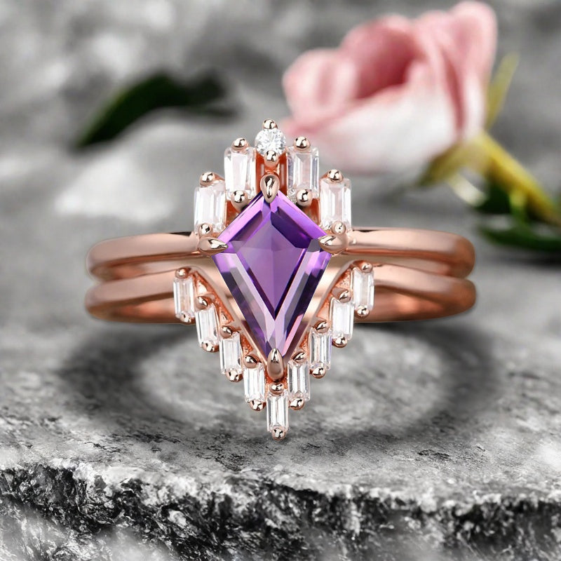 Kite Cut Amethyst Rose Gold Engagement Ring Set, Vintage Amethyst Wedding Bridal Set, 14k Rose Gold Promise Anniversary Ring for Women