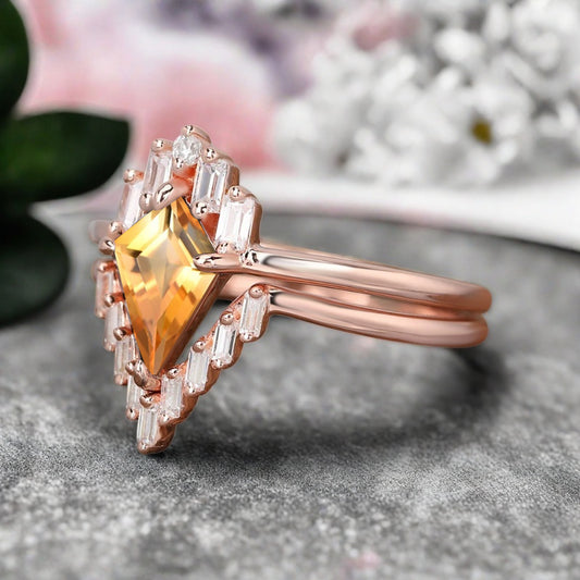 Kite Cut Citrine Rose Gold Engagement Ring Set, Vintage Citrine Wedding Bridal Set, 14k Rose Gold Promise Anniversary Ring for Women