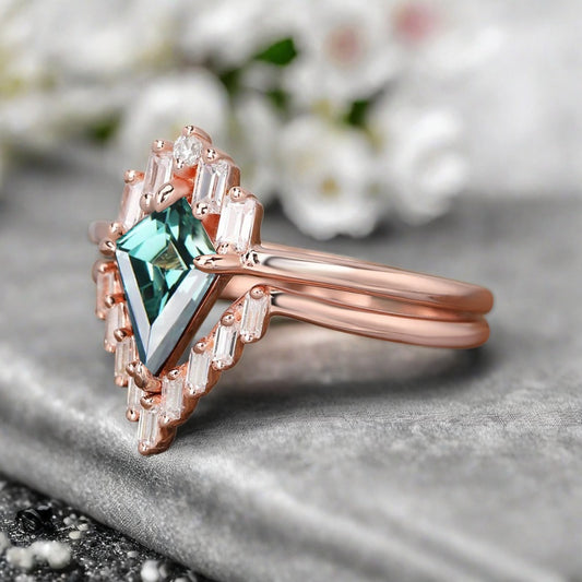 Kite Cut Blue-Green Sapphire Rose Gold Engagement Ring Set, Vintage Blue-Green Sapphire Wedding Bridal Set, 14k Rose Gold Promise Anniversary Ring for Women