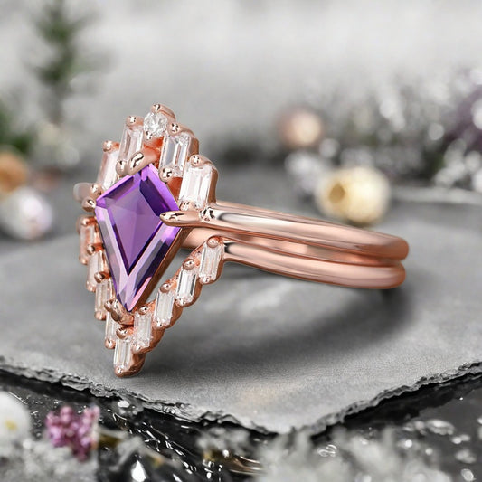 Kite Cut Amethyst Rose Gold Engagement Ring Set, Vintage Amethyst Wedding Bridal Set, 14k Rose Gold Promise Anniversary Ring for Women