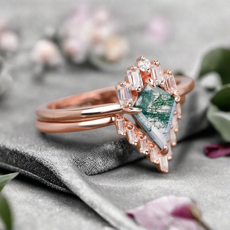 Kite Cut Moss Agate Rose Gold Engagement Ring Set, Vintage Moss Agate Wedding Bridal Set, 14k Rose Gold Promise Anniversary Ring for Women