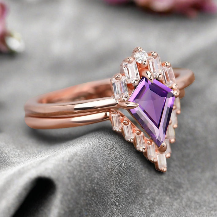 Kite Cut Amethyst Rose Gold Engagement Ring Set, Vintage Amethyst Wedding Bridal Set, 14k Rose Gold Promise Anniversary Ring for Women