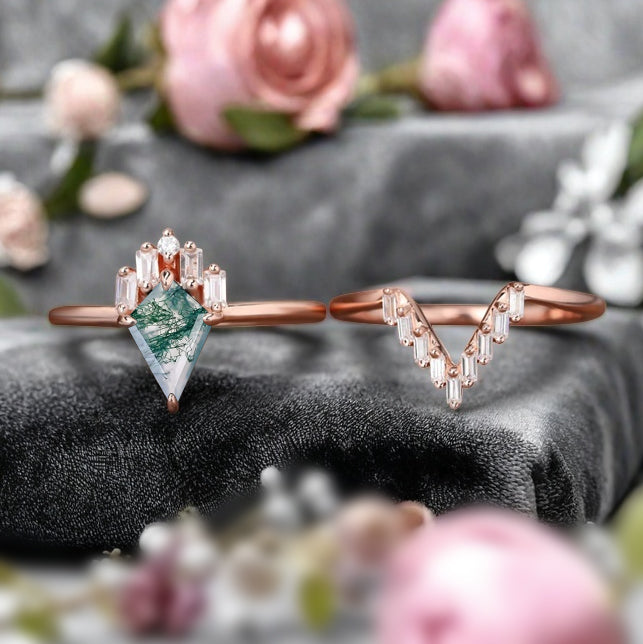 Kite Cut Moss Agate Rose Gold Engagement Ring Set, Vintage Moss Agate Wedding Bridal Set, 14k Rose Gold Promise Anniversary Ring for Women