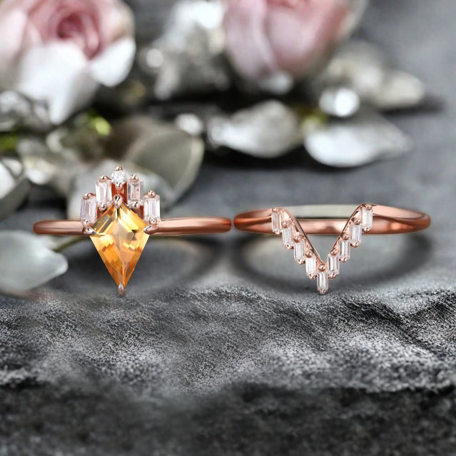 Kite Cut Citrine Rose Gold Engagement Ring Set, Vintage Citrine Wedding Bridal Set, 14k Rose Gold Promise Anniversary Ring for Women