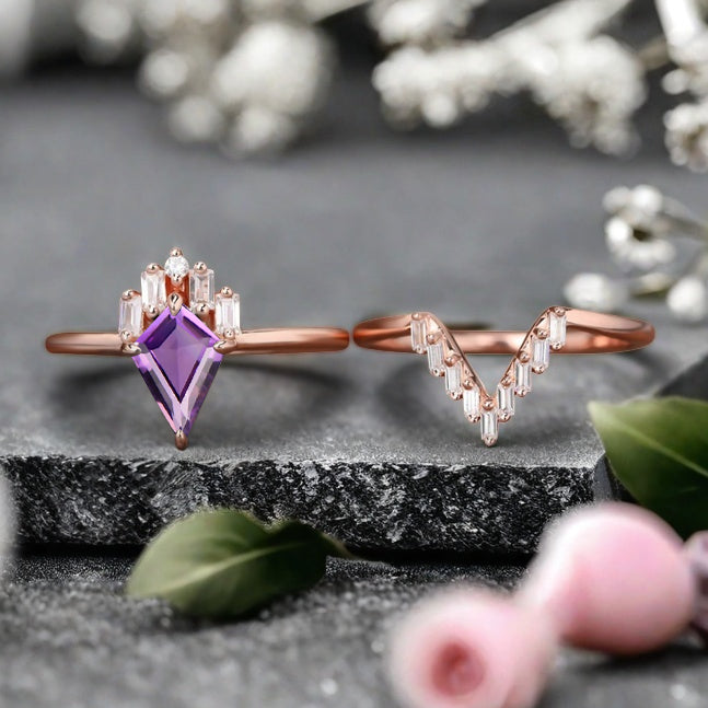 Kite Cut Amethyst Rose Gold Engagement Ring Set, Vintage Amethyst Wedding Bridal Set, 14k Rose Gold Promise Anniversary Ring for Women