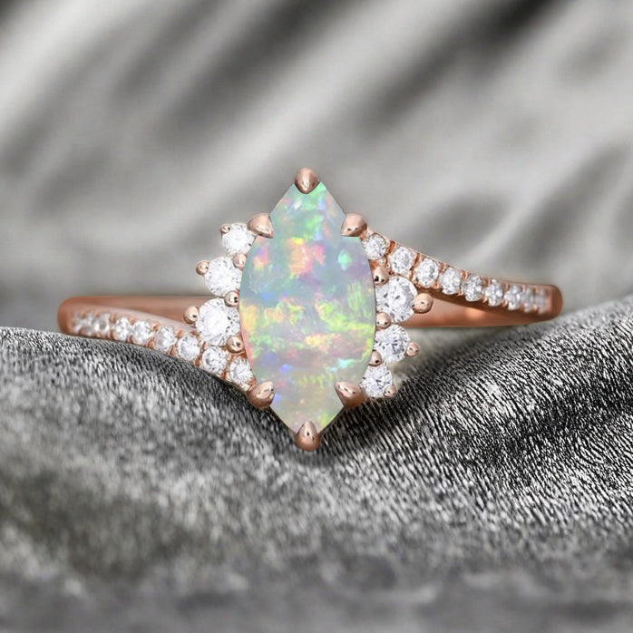 Marquise cut Opal Engagement ring Vintage Rose gold Art Deco Botanical Marquise Moissanite Promise Bridal Anniversary Ring for Women