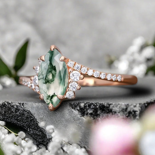 Marquise cut Moss agate Engagement ring Vintage Rose gold Art Deco Botanical Marquise Moissanite Promise Bridal Anniversary Ring for Women