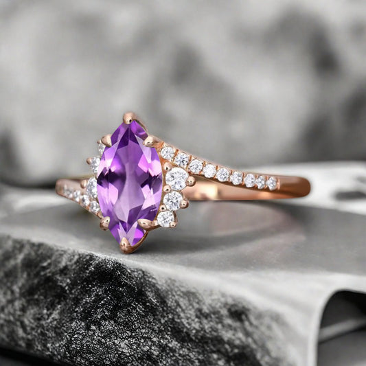Marquise cut Amethyst Engagement ring Vintage Rose gold Art Deco Botanical Marquise Moissanite Promise Bridal Anniversary Ring for Women