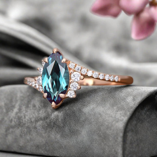 Marquise cut Alexandrite Engagement ring Vintage Rose gold Art Deco Botanical Marquise Moissanite Promise Bridal Anniversary Ring for Women