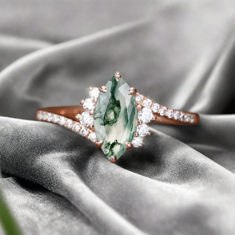 Marquise cut Moss agate Engagement ring Vintage Rose gold Art Deco Botanical Marquise Moissanite Promise Bridal Anniversary Ring for Women