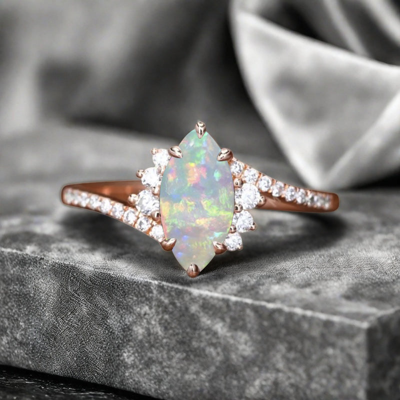 Marquise cut Opal Engagement ring Vintage Rose gold Art Deco Botanical Marquise Moissanite Promise Bridal Anniversary Ring for Women