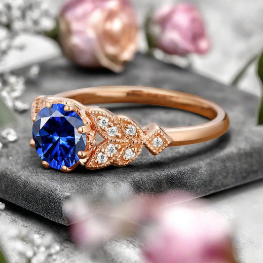 Round Cut Blue Topaz Engagement Ring Leaf Marquise Moissanite Vintage Blue Topaz Wedding Floral Ring Promise Anniversary Gift