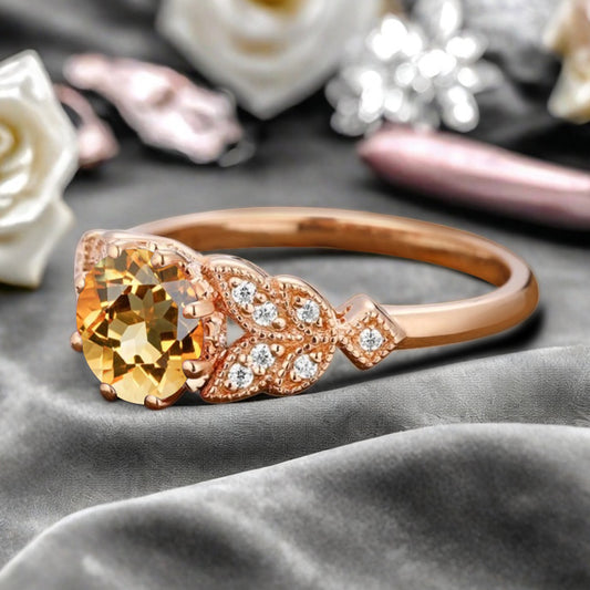 Round Cut Citrine Engagement Ring Leaf Marquise Moissanite Vintage Citrine Wedding Floral Ring Promise Anniversary Gift