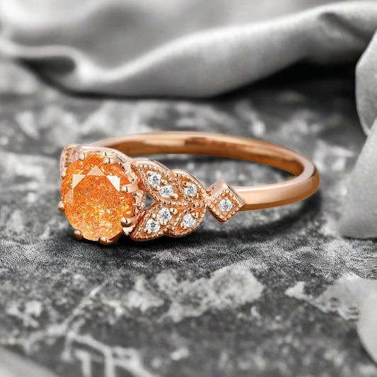 Round Cut Sunstone Engagement Ring Leaf Marquise Moissanite Vintage Sunstone Wedding Floral Ring Promise Anniversary Gift