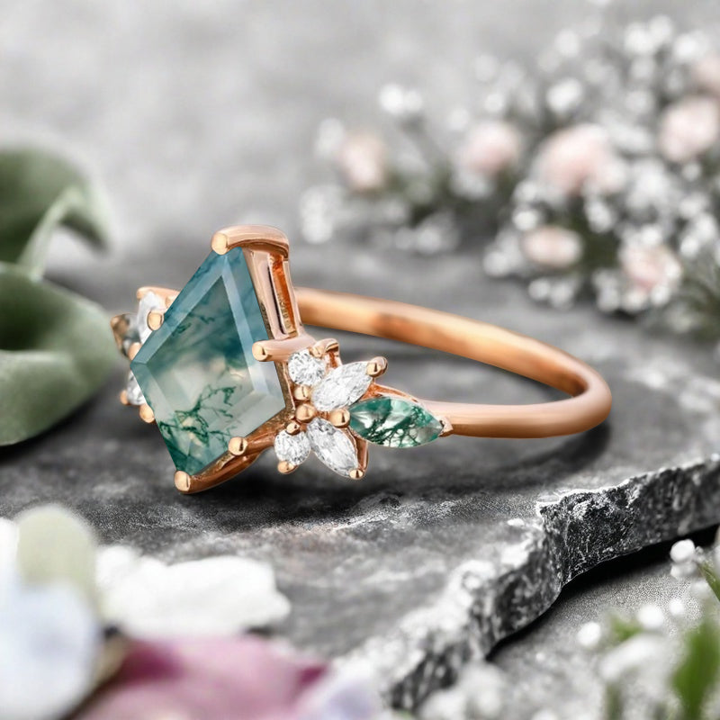 Vintage Kite Cut Green Moss Agate Engagement Ring 10k Rose Gold Butterfly Shape Moissanite Women Unique Bridal Wedding Ring