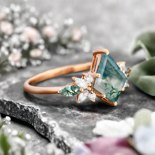 Vintage Kite Cut Green Moss Agate Engagement Ring 10k Rose Gold Butterfly Shape Moissanite Women Unique Bridal Wedding Ring