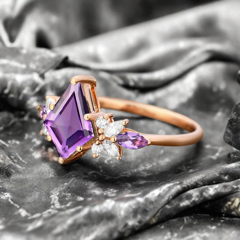 Vintage Kite Cut Violet Amethyst Engagement Ring 10k Rose Gold Butterfly Shape Moissanite Women Unique Bridal Wedding Ring