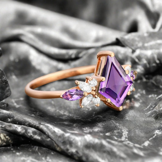 Vintage Kite Cut Violet Amethyst Engagement Ring 10k Rose Gold Butterfly Shape Moissanite Women Unique Bridal Wedding Ring