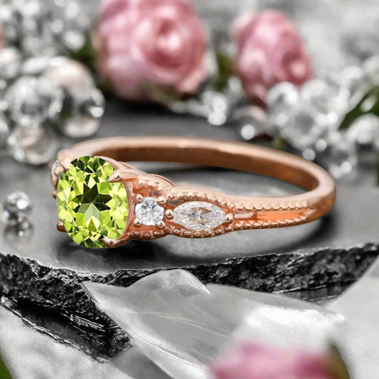 Round Cut Peridot Engagement Ring Marquise Moissanite Sidestones Vintage Promise Anniversary Gift