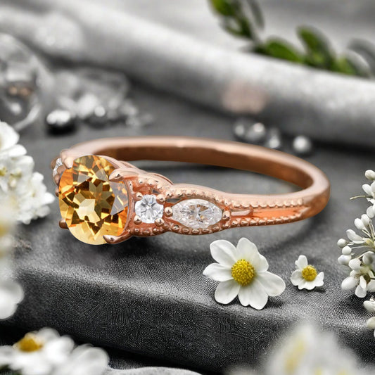 Round Cut Citrine Engagement Ring Marquise Moissanite Sidestones Vintage Promise Anniversary Gift