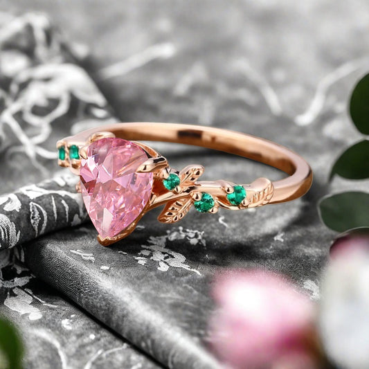Pink Sapphire Engagement Ring Vintage Pear Cut Pink Sapphire Ring Solid 14k Rose Gold Ring Emerald Bridal Promise Leaf Ring Unique Engagement Anniversary Gift