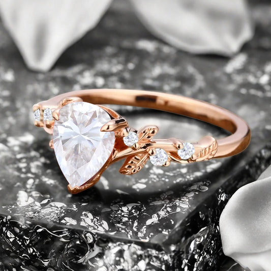 Moissanite Engagement Ring Vintage Pear Cut Moissanite Ring Solid 14k Rose Gold Ring Moissanite Bridal Promise Leaf Ring Unique Engagement Anniversary Gift