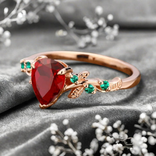 Ruby Engagement Ring Vintage Pear Cut Ruby Ring Solid 14k Rose Gold Ring Emerald Bridal Promise Leaf Ring Unique Engagement Anniversary Gift