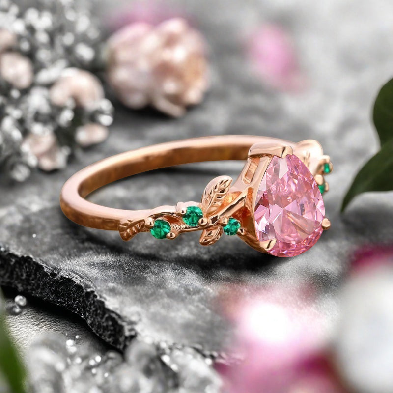 Pink Sapphire Engagement Ring Vintage Pear Cut Pink Sapphire Ring Solid 14k Rose Gold Ring Emerald Bridal Promise Leaf Ring Unique Engagement Anniversary Gift