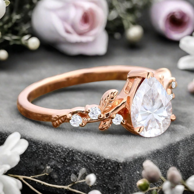 Moissanite Engagement Ring Vintage Pear Cut Moissanite Ring Solid 14k Rose Gold Ring Moissanite Bridal Promise Leaf Ring Unique Engagement Anniversary Gift
