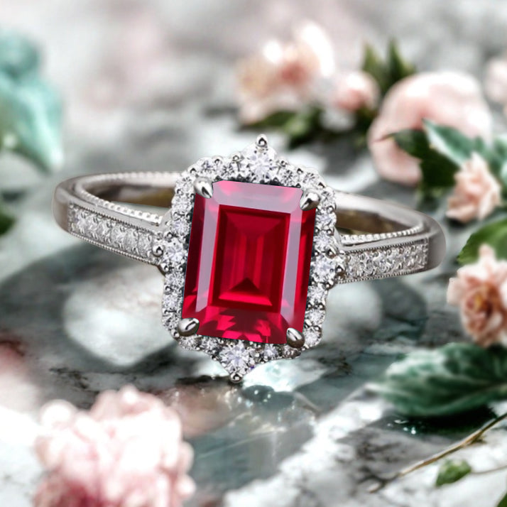 Ruby Emerald Cut Ring Art Deco Handmade Octagon Gemstone Engagement Ring Personalized Jewelry Gift