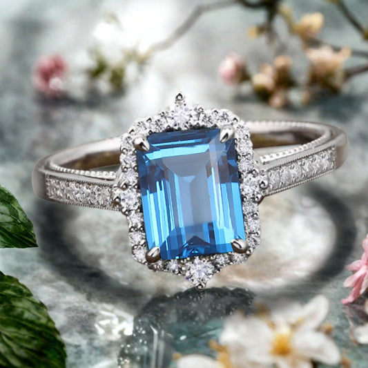 Aquamarine Emerald Cut Ring Art Deco Handmade Octagon Gemstone Engagement Ring Personalized Jewelry Gift