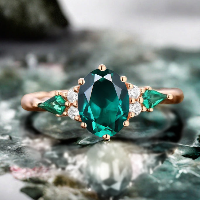 Bague de fiançailles vintage ovale en pierre de lune, bague de promesse unique en opale et moissanite