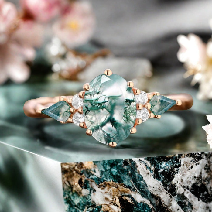 Bague de fiançailles vintage ovale en pierre de lune, bague de promesse unique en opale et moissanite