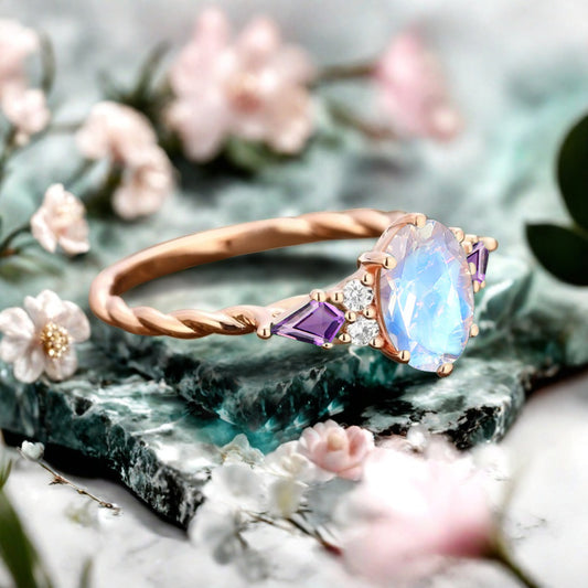 Vintage Oval Mondstein Verlobungsring Unikat Opal Moissanit Versprechensring