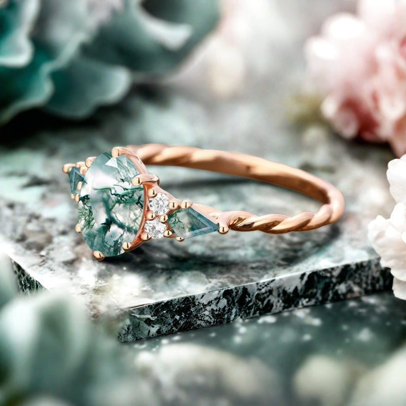 Bague de fiançailles vintage ovale en pierre de lune, bague de promesse unique en opale et moissanite