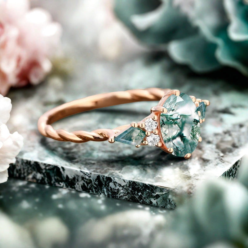 Bague de fiançailles vintage ovale en pierre de lune, bague de promesse unique en opale et moissanite