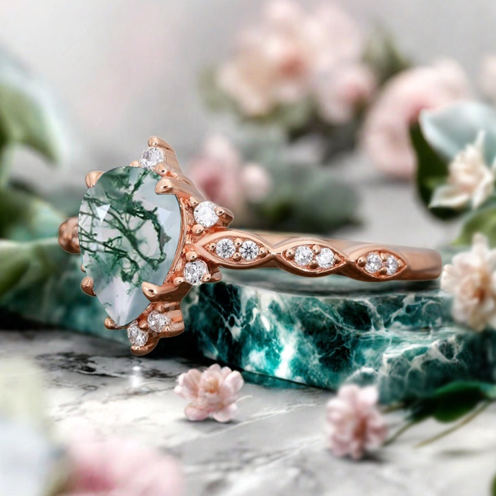 Moss Agate Ring Dainty Ring Pear Cut Moss Agate Engagement Ring Art Deco Promise Ring Gift For Her