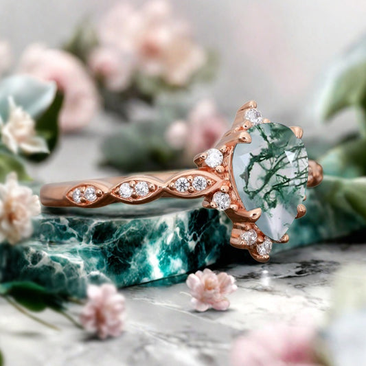 Moss Agate Ring Dainty Ring Pear Cut Moss Agate Engagement Ring Art Deco Promise Ring Gift For Her